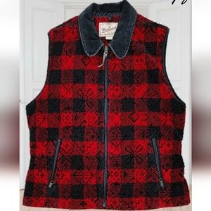 Woolrich Womens Red Buffalo Plaid Deep Pile Fleece Zip Vest Size L